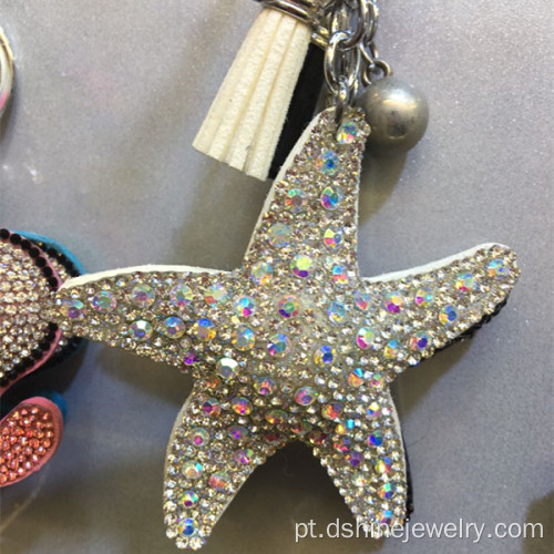 Estrela do mar de couro veludo Tassel cristal Keychain chaveiro